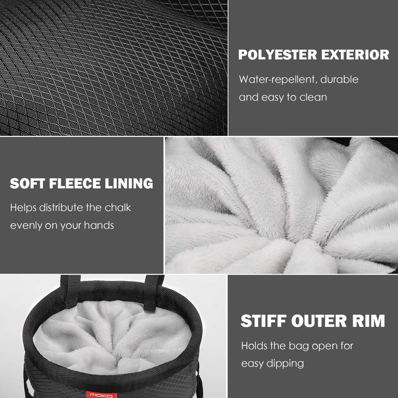 MoKo Chalk Bag, Drawstring Rock Climbing Bag Bouldering Chalk Pot Bucket with Adjustable Belt & Zippered Pockets and Carabiner for Rock Climbing Weight Lifting Gymnastics Crossfit - Black - Image 2